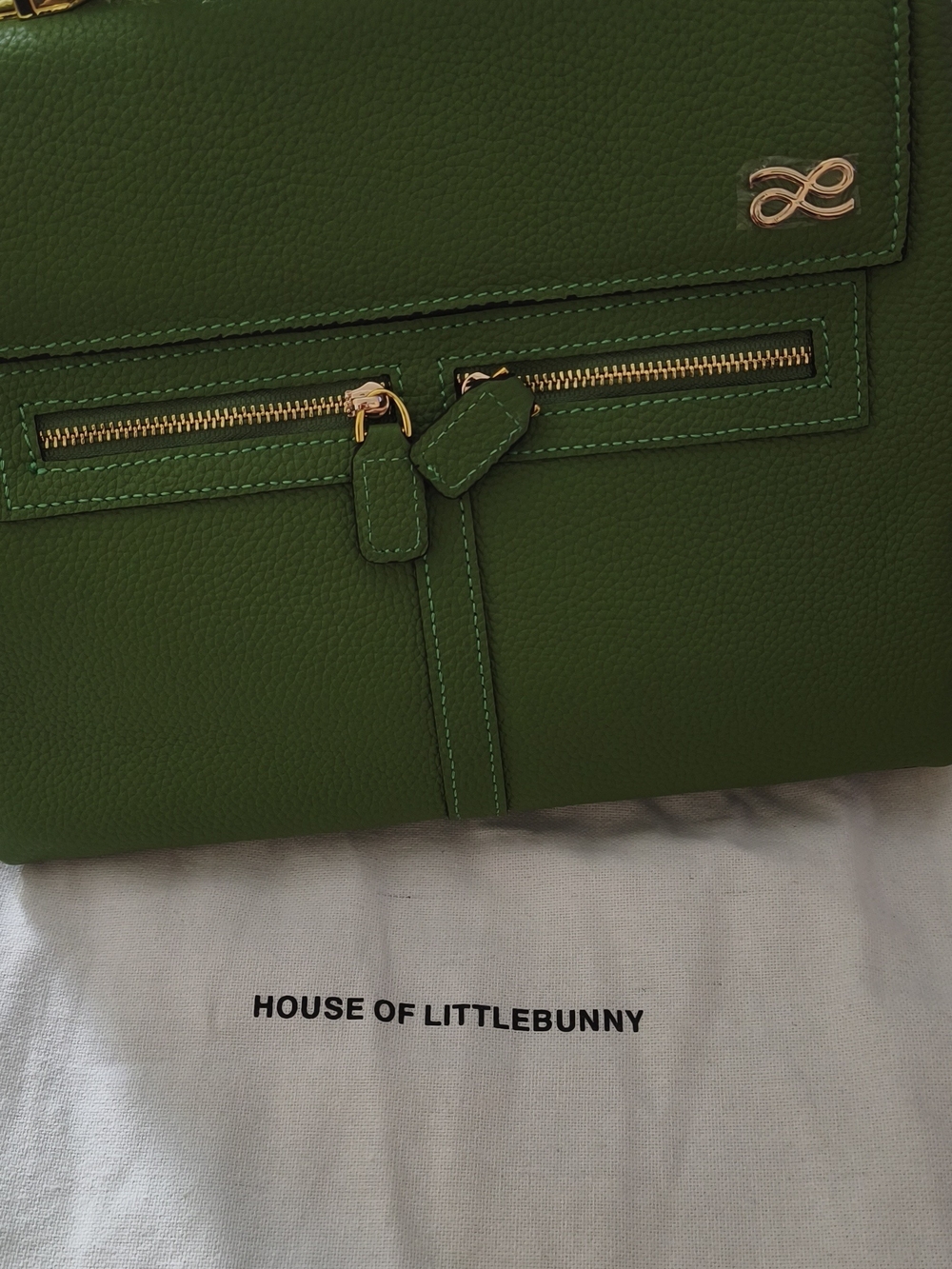 House of Littlebunny Green Pebbled Leather Satchel with Gold Hardware